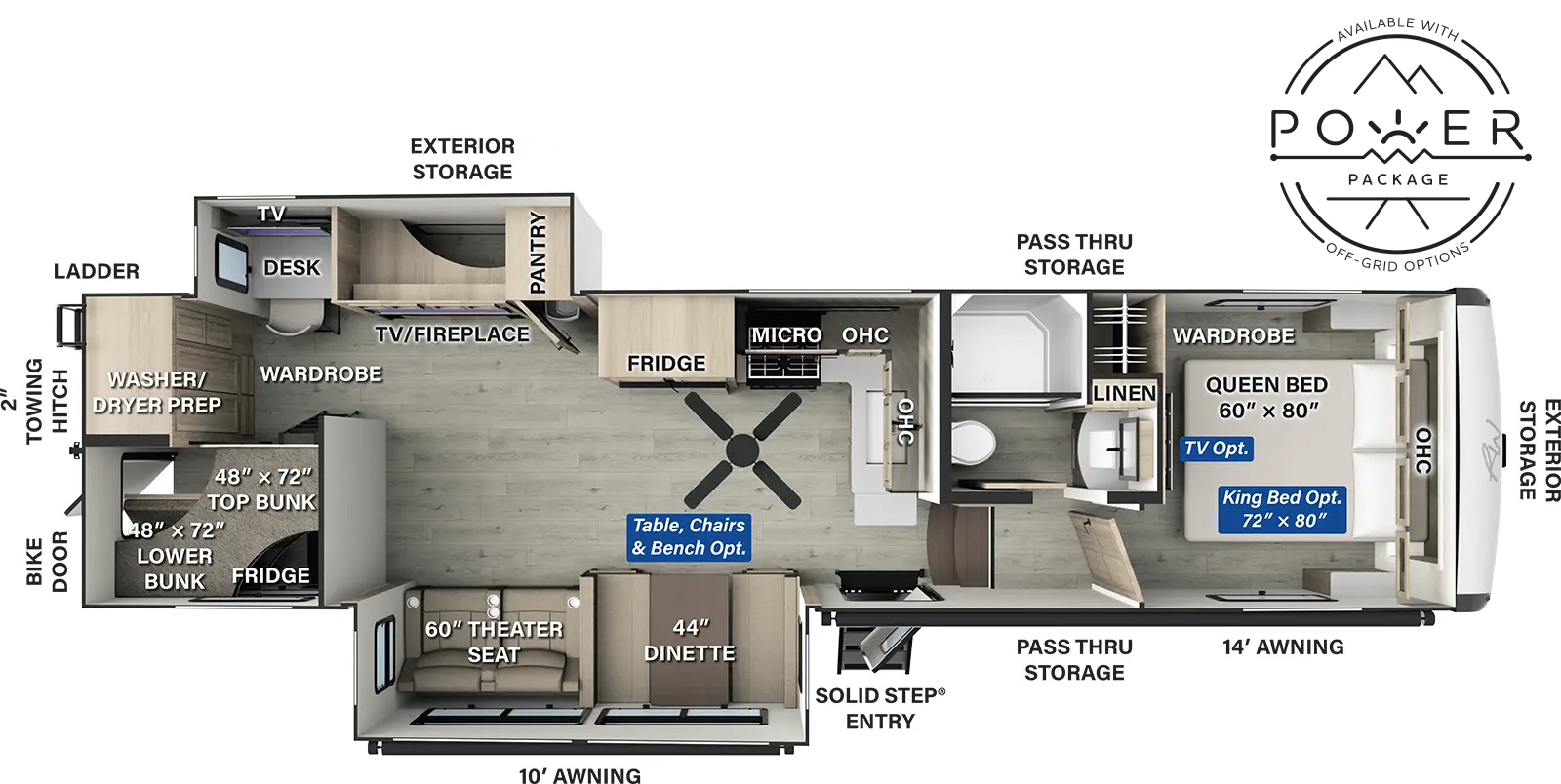 The Rockwood Signature Fifth Wheels R378BH floorplan has one entry and two slide outs. Exterior features include: fiberglass exterior and 10' & 14' awning. Interiors features include: bunk beds and front bedroom.